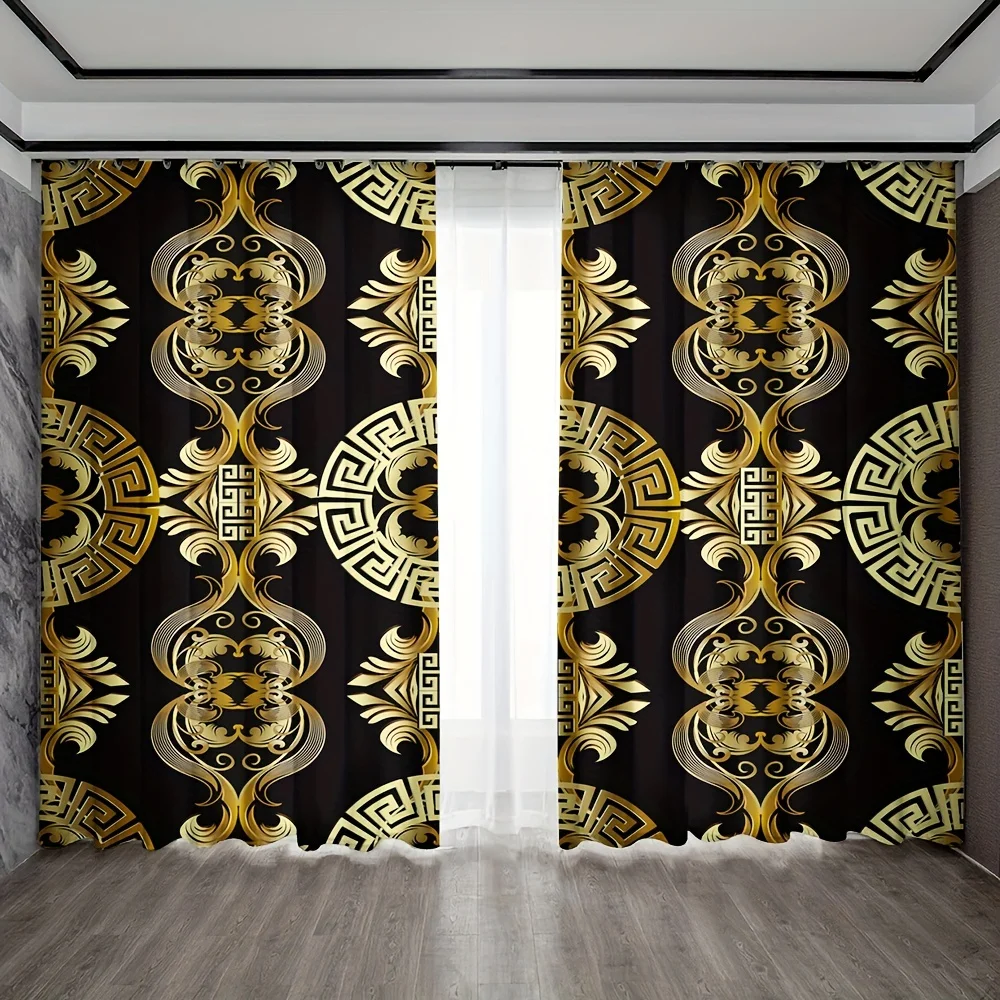 

Semi-Blackout Curtain 2 Panels Black and Golden Geometric Parquet Design Contemporary Rod Pocket Hanging for Bedroom Home Decor