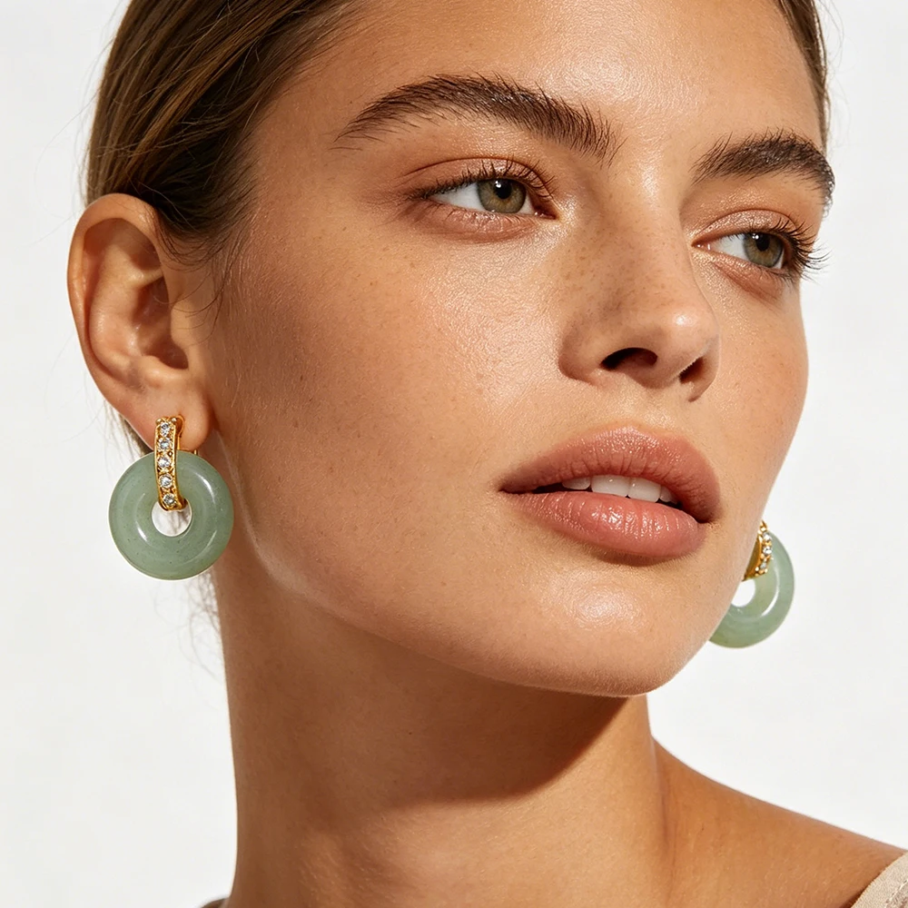Vintage Grüne Runde Donut-förmige Zirkon-Ohrringe Vergoldet Wasserfest Naturstein für Damen Mode Sommer Schmuck Geschenk