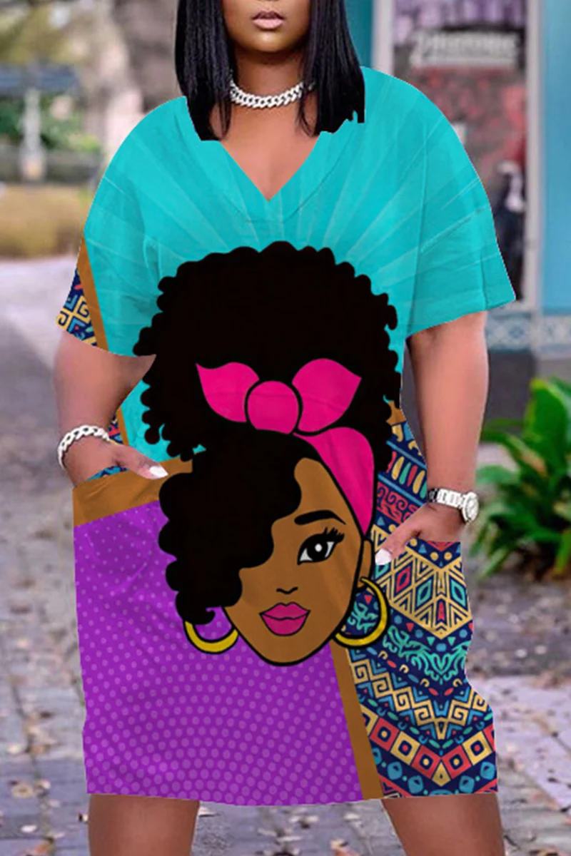 African Black Girls 3D Print Pocket Dress Women Casual Short Sleeve Dresses Bohemian Boho V-Neck Female Woman Midi Party Dresses