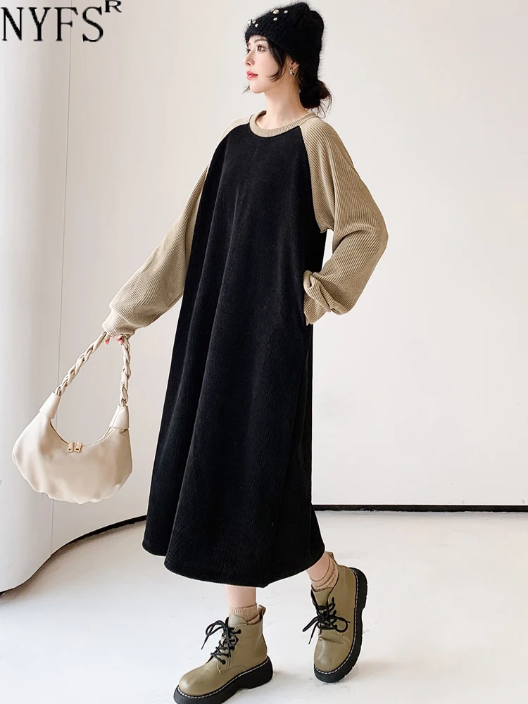

Женское вельветовое платье NYFS, Длинное свободное платье в Корейском стиле с длинным рукавом, Осень-зима 2023