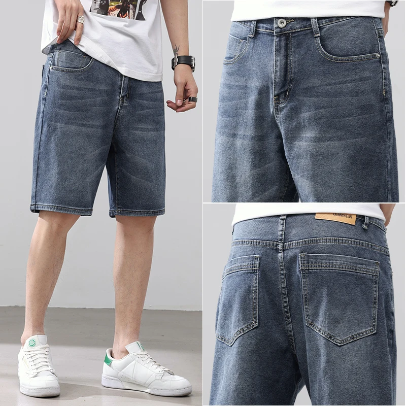 Vintage Loose Straight Casual Denim Shorts Summer Youthful Vitality Men's Clothing Commute Fashion Pockets Spliced Knee Pants