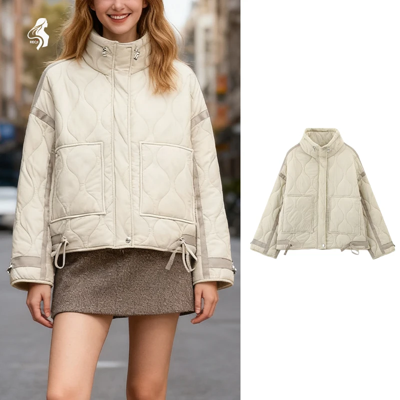 

Woman Clothes Contrast Trimmed Womens Cotton Jacket With Wavy Quilting Stand Collar Drawstring Waist And Loose Short Fit