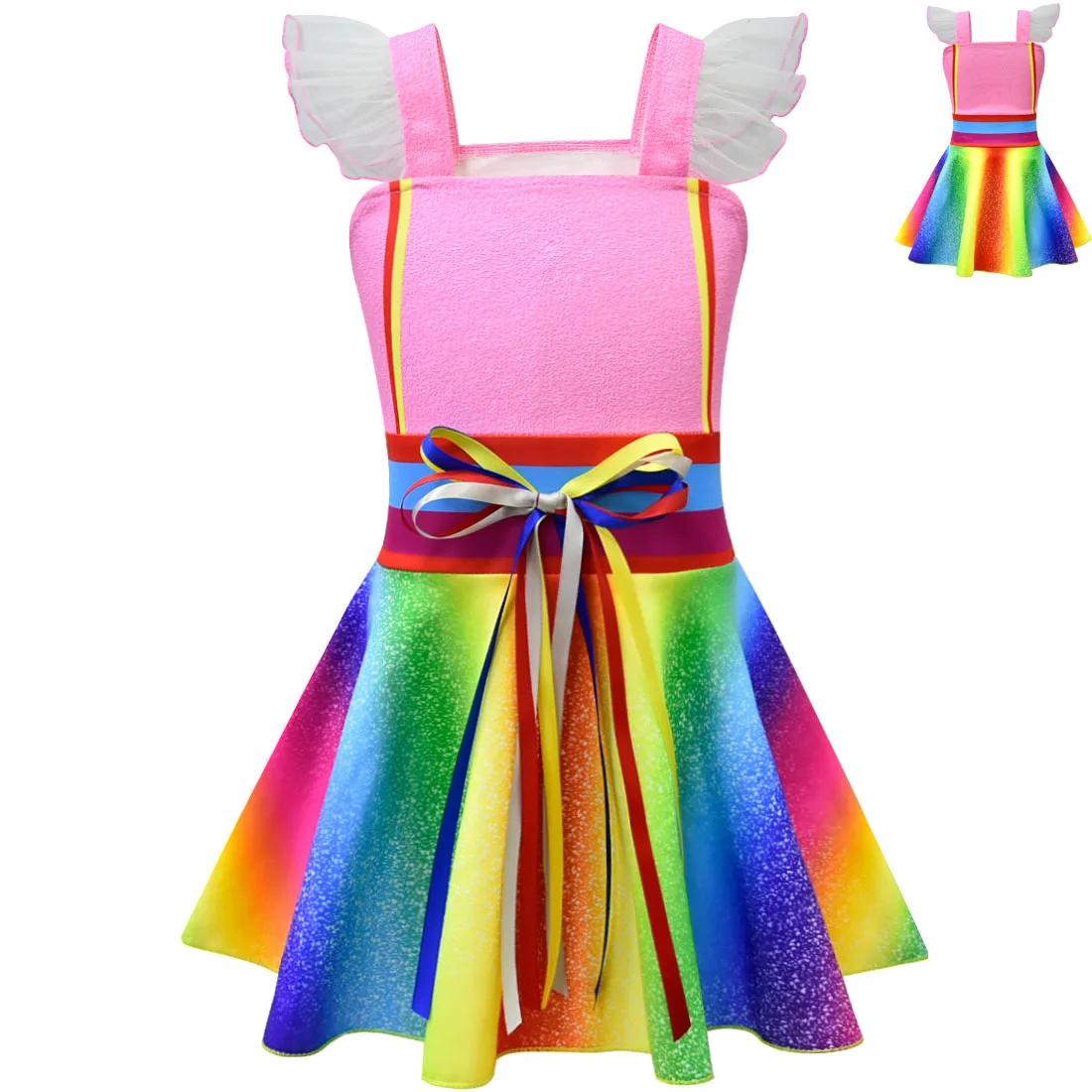 Kids Anime Cartoon Fancy Nancy Mesh Ruffle Bandage Rainbow Dress Outfit for Girls Christmas Halloween Cosplay Costume