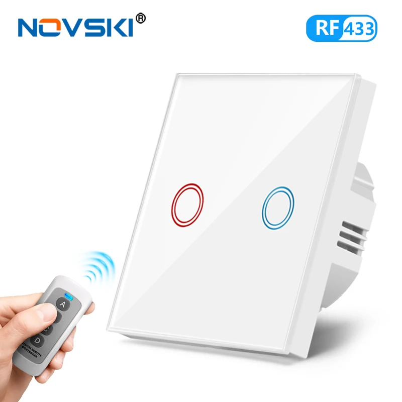 Novski EU Wireless Remote Control Switch Black Luxury Crystal Glass Panel Smart Home Wall Lamp LED Indicator Sensor 1/2/3 Gang