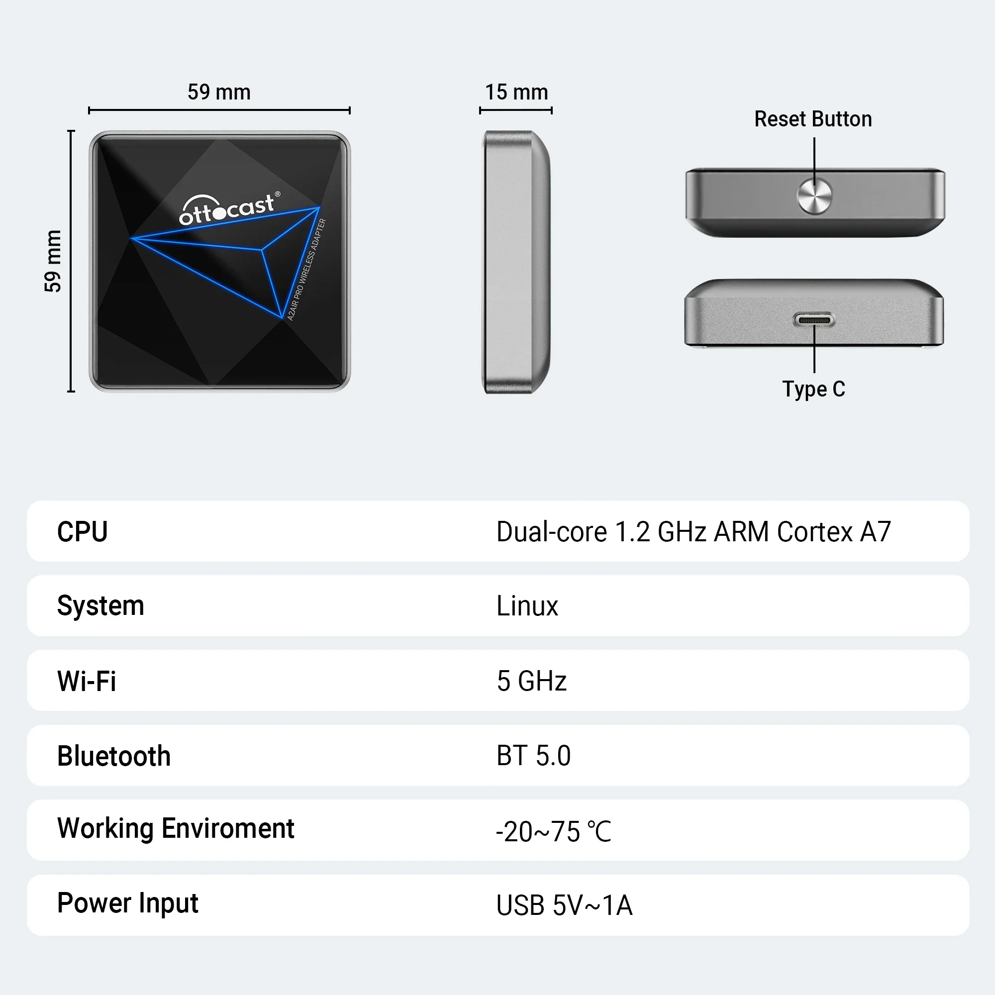 Ottocast-A2Air Adaptador sem fio, Auto Wired para Android sem fio, Acessórios de carro, AA Dongle, USB para Kia, VW, Audi, Ford