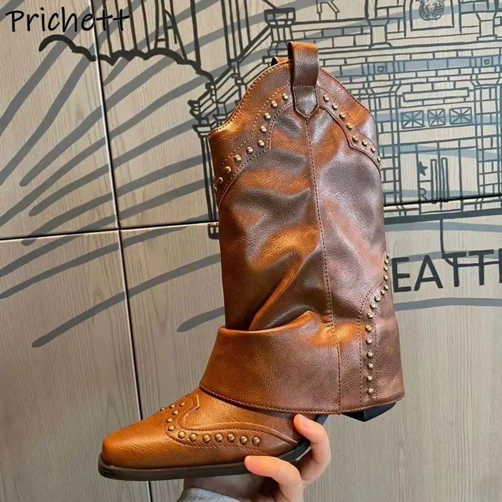 Rivet Sewing Cowgirls Boots Pointy Toe Turn Over Edges Pointy Toe Chunky Heels Slip On Leather Shoes Women's Retro Winter Shoes