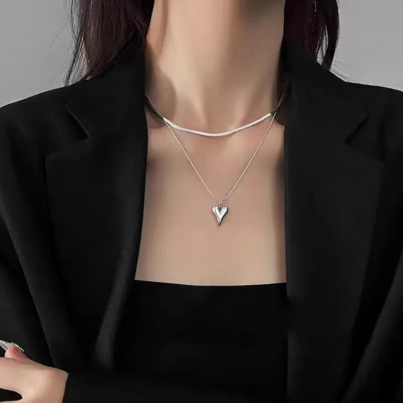 Korean Charm Titanium Steel Heart Pendant Double Layer Collarbone Chain Men's Jumper Chain Ladies Collarbone Chain Jewellery