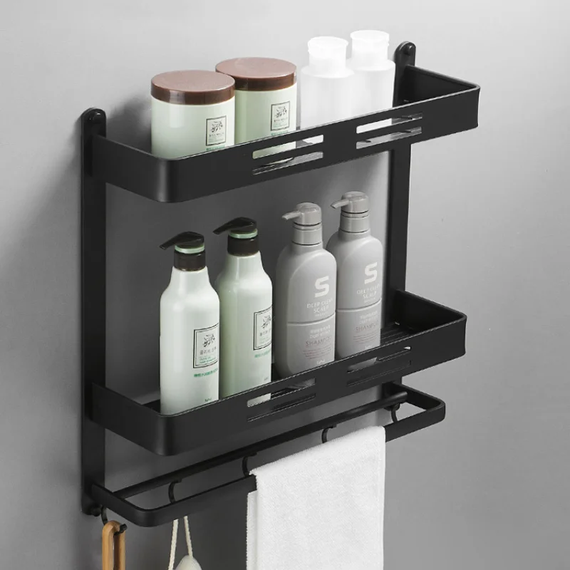 Space Aluminum Black Bathroom Shelf Free Perforation Wall Hanging Toilet Vanity Towel Storage Wall