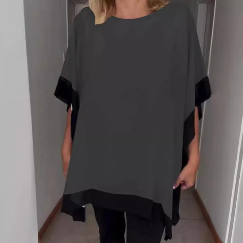 

2025Hot-Selling Summer New Women's Clothing Front Chest Round Neck Loose Short Batwing Sleeve Solid Color PatchworkTWomen