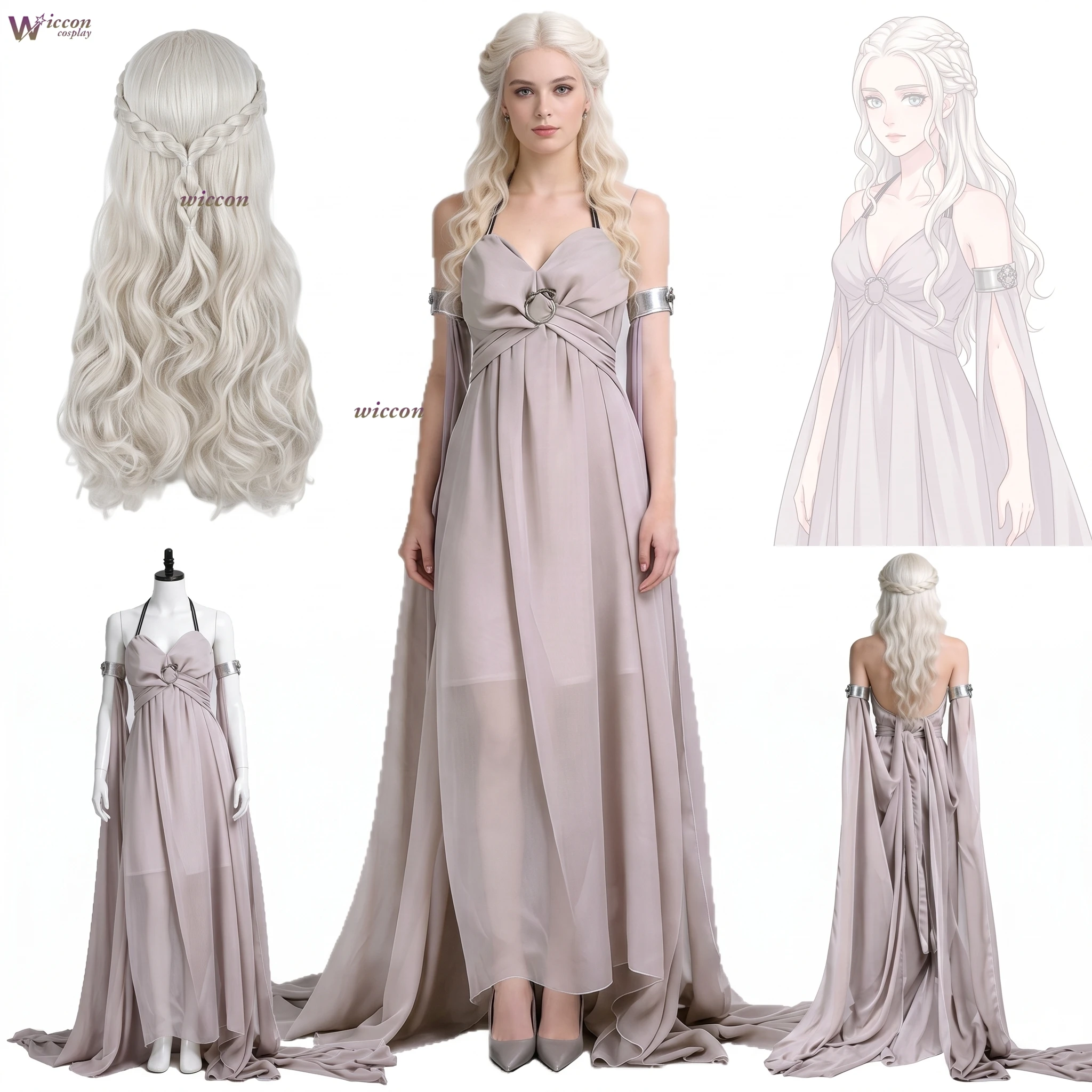 Vestido Ceremonial Medieval Uniforme, Disfraz de Cosplay de Daenerys, Madre Dragón Targaryen, Anime, Disfraz de Halloween, Peluca, Ropa Gris