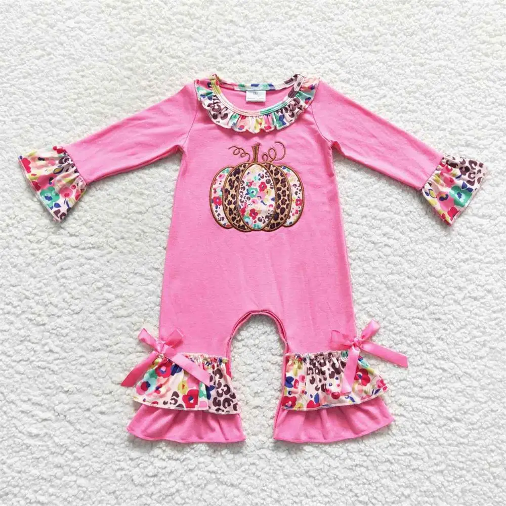 

Wholesale Kids Thanksgiving Pumpkin Romper Newborn Baby Girl Floral Pink Cotton Long Sleeves Jumpsuit Toddler Children One-piece