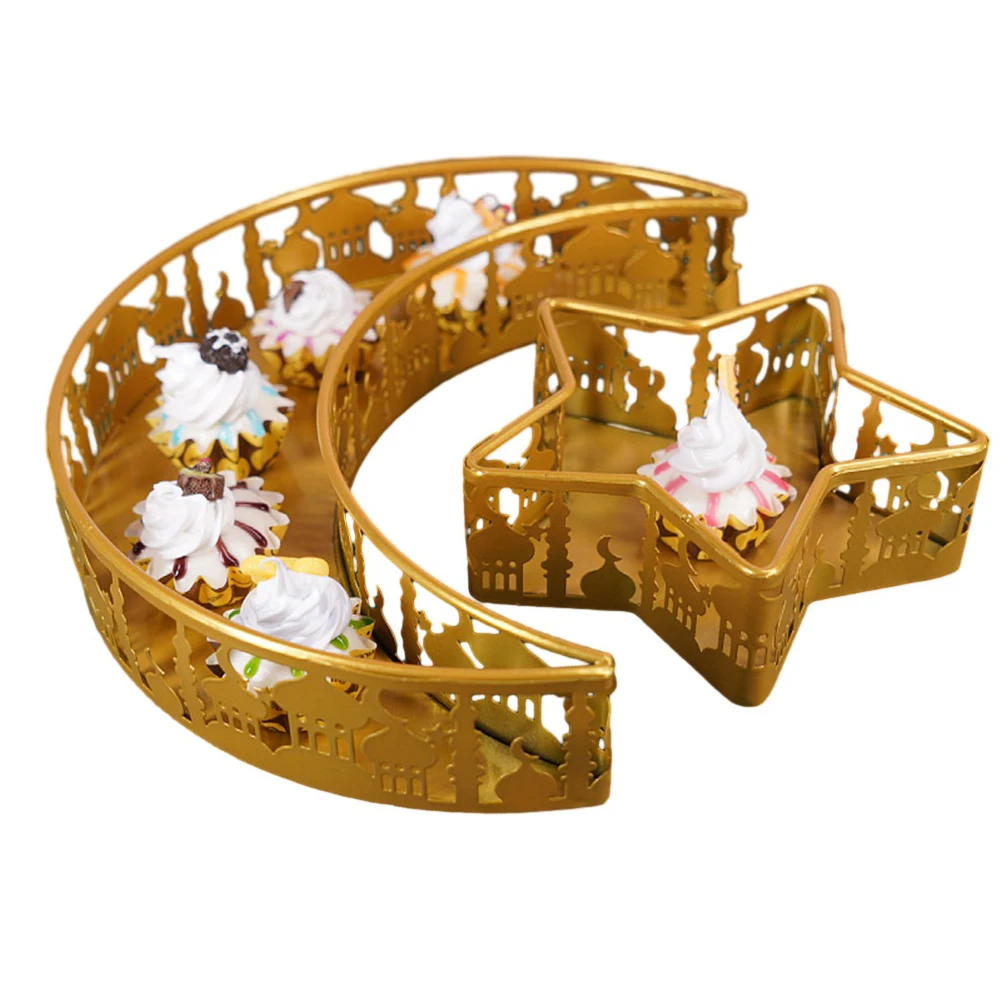 Metal Ramadan Sweets Tray Star Moon Decoration Gold Decor Dessert Party Serving Tray Muslim Eid Mubarak Tray Ramadan
