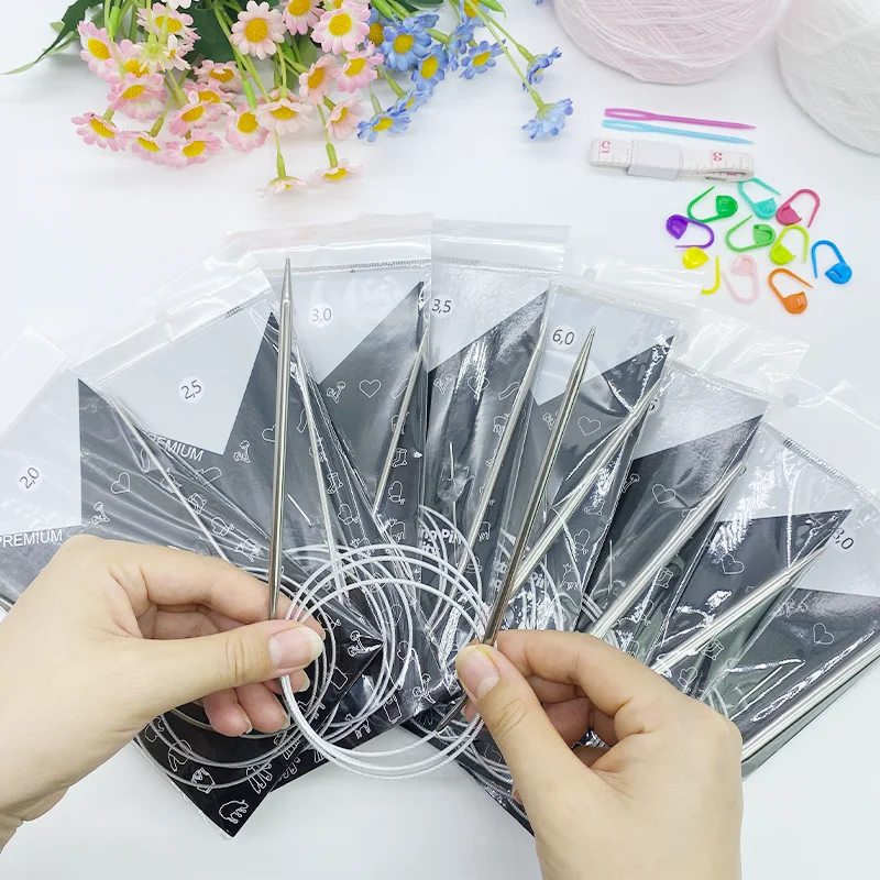 100Cm/39.37Inch Single Circular Knitting Needle, Available in Various Sizes from 2-8mm, Comes with 10 Extra Hooks, 2 Large Plastic Eye Needles, 1 Stainless Steel Hand Sewing Needle, 1 150Cm/59.06Inch Soft Ruler, Suitable for Knitting Sweaters, Scarves, and Hats