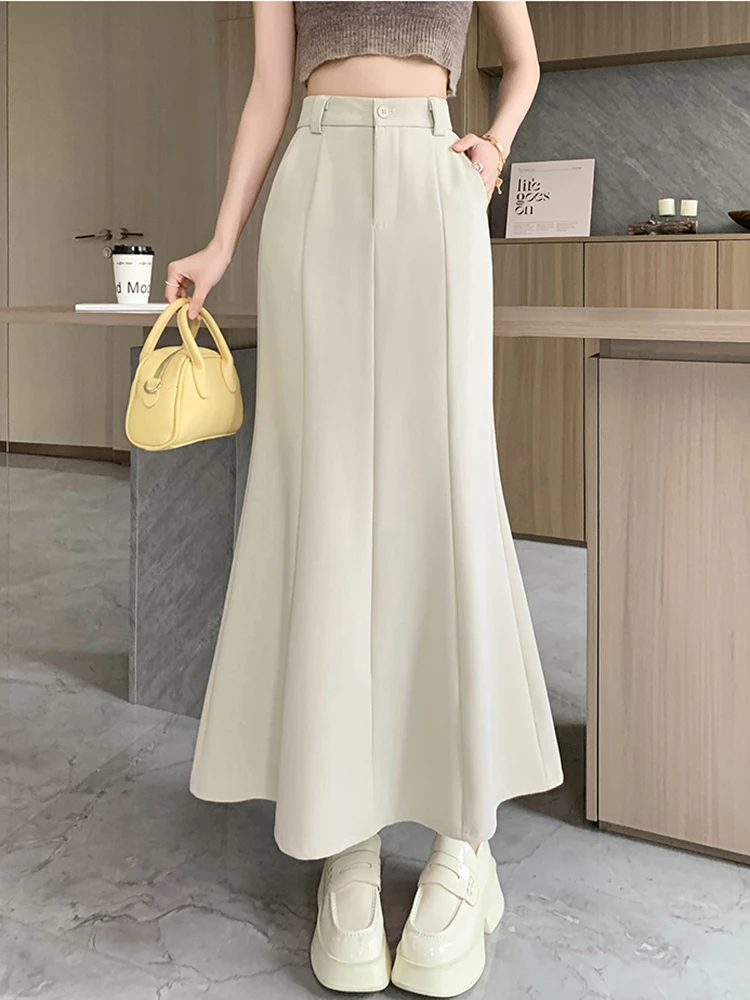 Falda larga de cola de pez de estilo coreano a la moda para mujer, faldas ceñidas Vintage de cintura alta para mujer, Falda Largas Beige, negro y gris