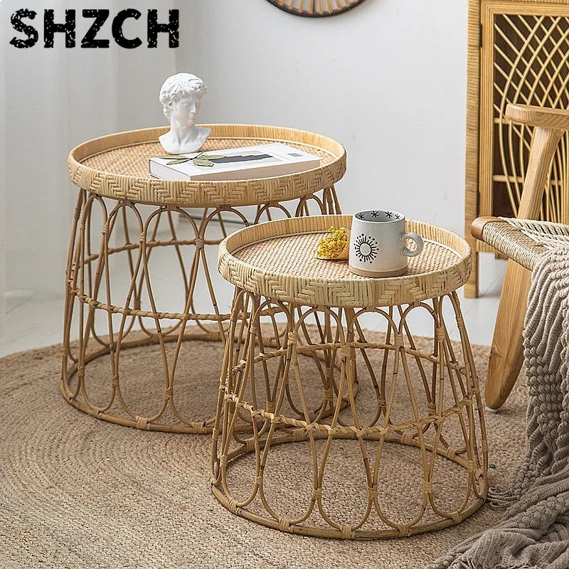 Nordic Rattan Round Side Table Boho Coffee Tea Table Patio Furniture Bamboo Legs Home Decor