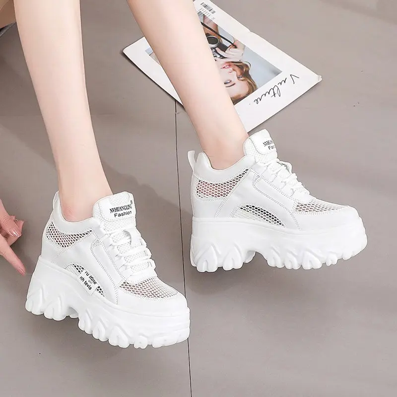 2022 NEW Classic Women Mesh Platform Sneakers Trainers White Shoes High Heels Wedges Outdoor Shoes Breathable Casual Shoes Woman