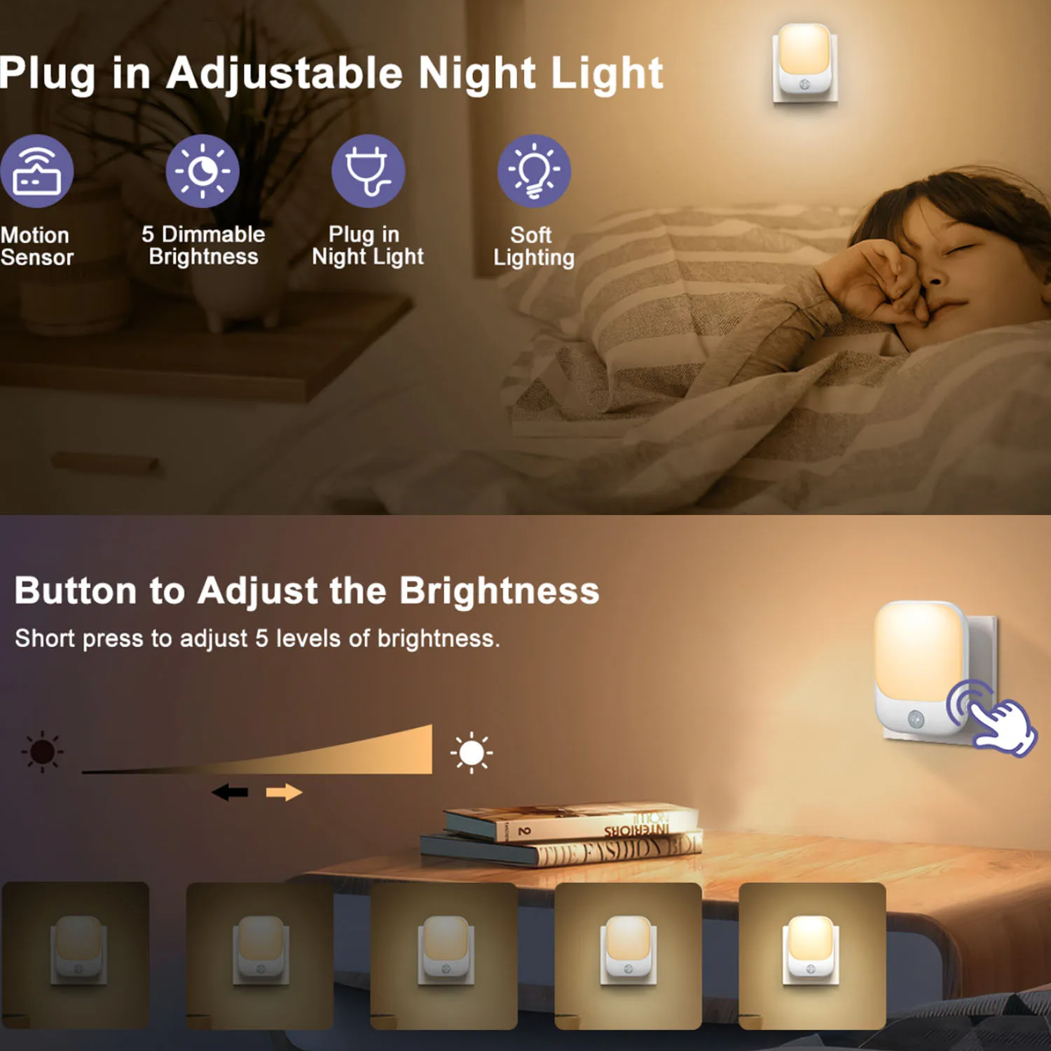 1pc/2pcs/4pcs/10pcs Smart LED Night Light with Sensor, Adjustable Brightness, Motion Sensor Night Light, Warm White