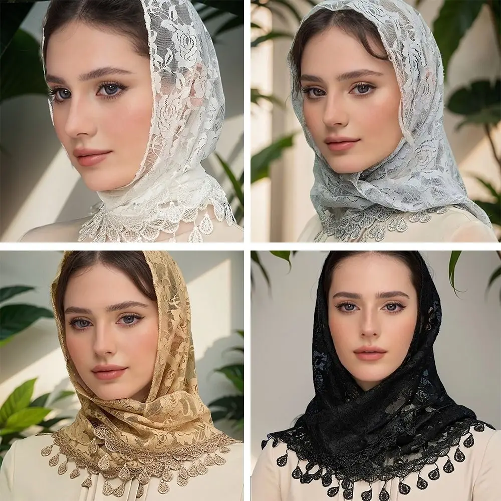

Vintage Breathable Tassels Lace Head Scarf Embroidery Elegant Lace Flower Head Cover Bridal Veils Church