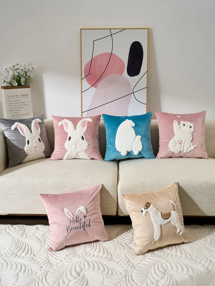 Bestickte Kaninchen-Kissenhülle aus Samt, Plüschiger Kuschelkissenbezug, Sofa-Polsterung, Bequemer Dekorativer Kissenbezug