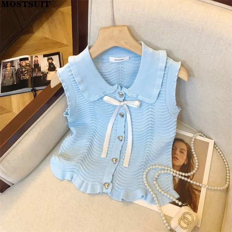 Sexy Korean Sweater Vests Women Summer Stylish Fashion Chic Ladies Tops Tees Sleeveless Single-breasted Bow Ruffles Knitwear