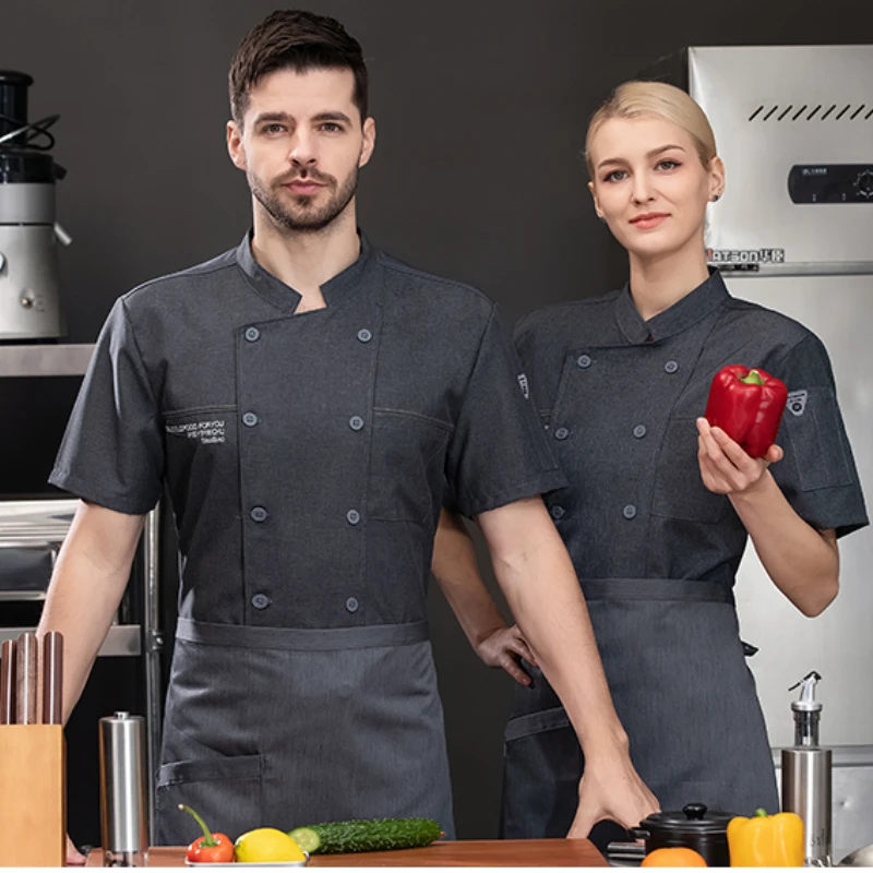 Pantalones cortos de Chef para hombre, chaqueta de manga corta, abrigo de Chef transpirable, uniforme de Chef negro para restaurante y cocina, delantal, ropa de trabajo con logotipo