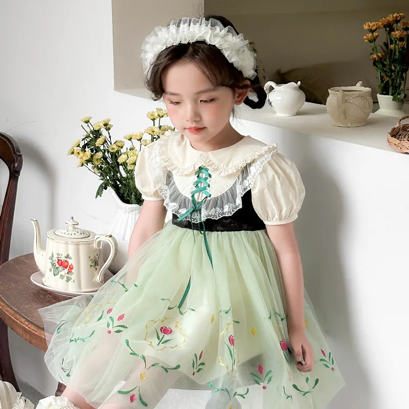 

2023 New Summer Girls Lolita Princess Ball Gown Children Cute Doll Collar Short Puff Sleeve Lace Stitching Dresses y946