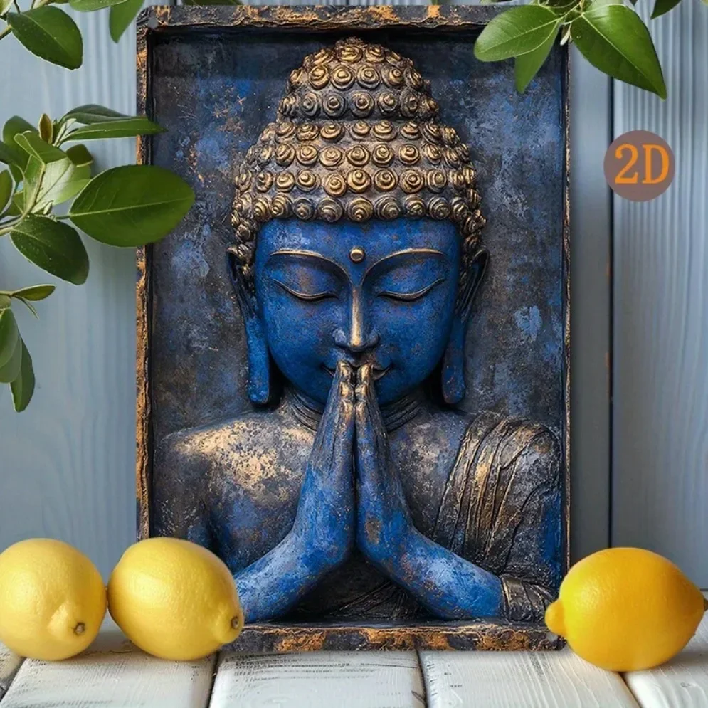 CIFBUY Blue Buddha Statue With Folded Hands Vintage Aluminum Sign 8x12 Inch For Yacht Living Room Gym Wall Decor Gift