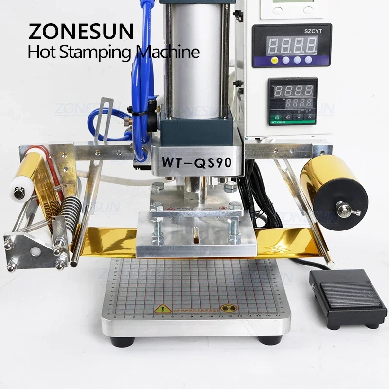 ZONESUN QS90 máquina neumática de estampado en caliente, papel, plástico, madera, cuero, PVC, prensa dorada, máquina de prensado en caliente bronceadora