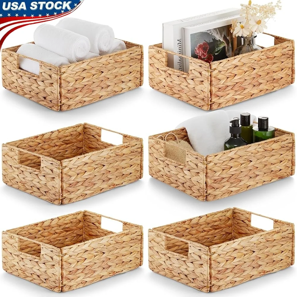 

Water Hyacinth Storage Baskets Set of 6 Handwoven Organizers with Handles Durable Wicker Bins Home Laundry Kitchen Organization