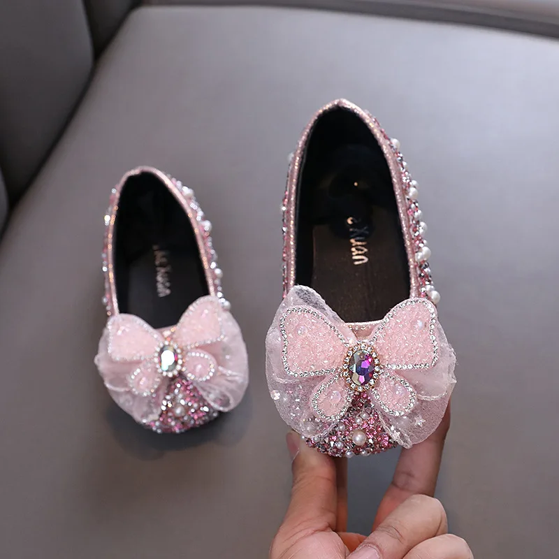 Girls Pearl Princess Shoes Student Spring Autumn New Children Glitter Bow Shoes Kids Wedding Party Leather Shoes J314