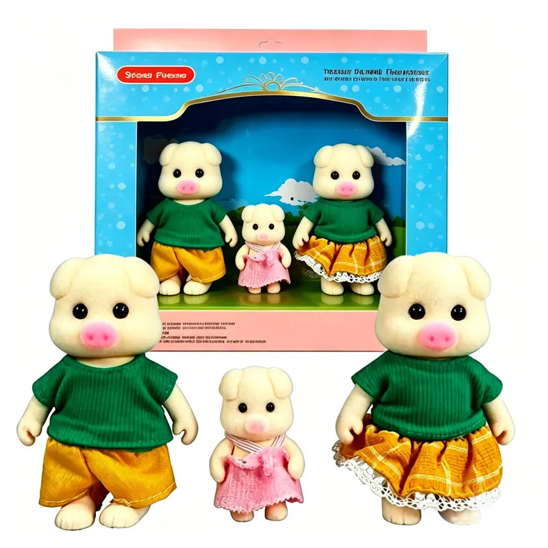 1:12 Simulation Forest Family Pig Figures Dollhouse 3 Collectible Flocked Mini Dolls Removable Clothes Dollhouse Pretend Play
