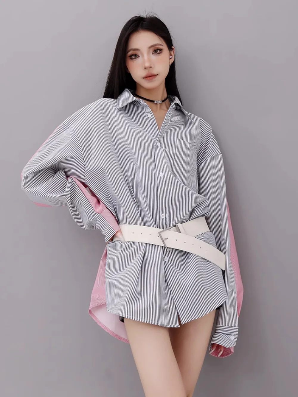 Design Sense Splicing Double-sided Striped Shirt Fashion Y2k Women's Silhouette Contrasting Color Long Style Shirts Tops