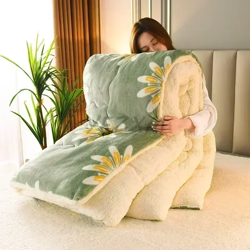 Plaid Super Thick Warm Blankets for Winter Autumn Milk Fleece Duvet Thicken Warmth Sleeping Blanket Soft Fluffy Comforter Quilt