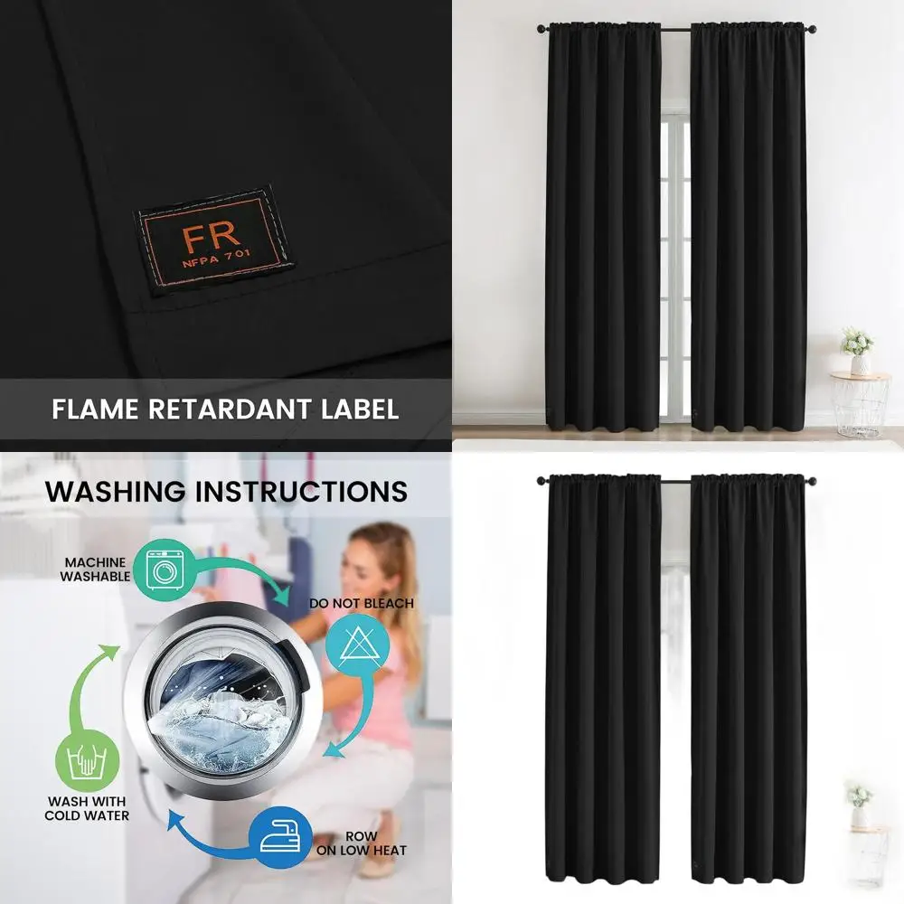 

Flame-Resistant Blackout Curtains with Rod Pocket for Classrooms, Dorms, and Nursing Homes (2 Panels, Black, 52x63 inches)