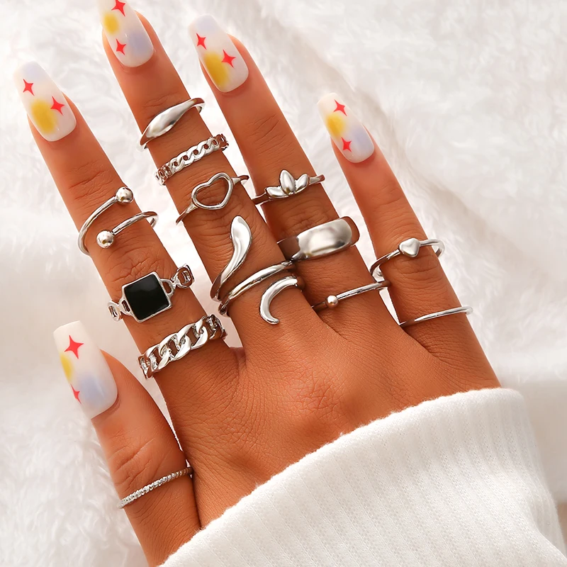 27pcs/Set Vintage Silver Color Geometric Rings For Women Black Square Heart Snake Hollow Rings Set Party Trendy Jewelry Gifts