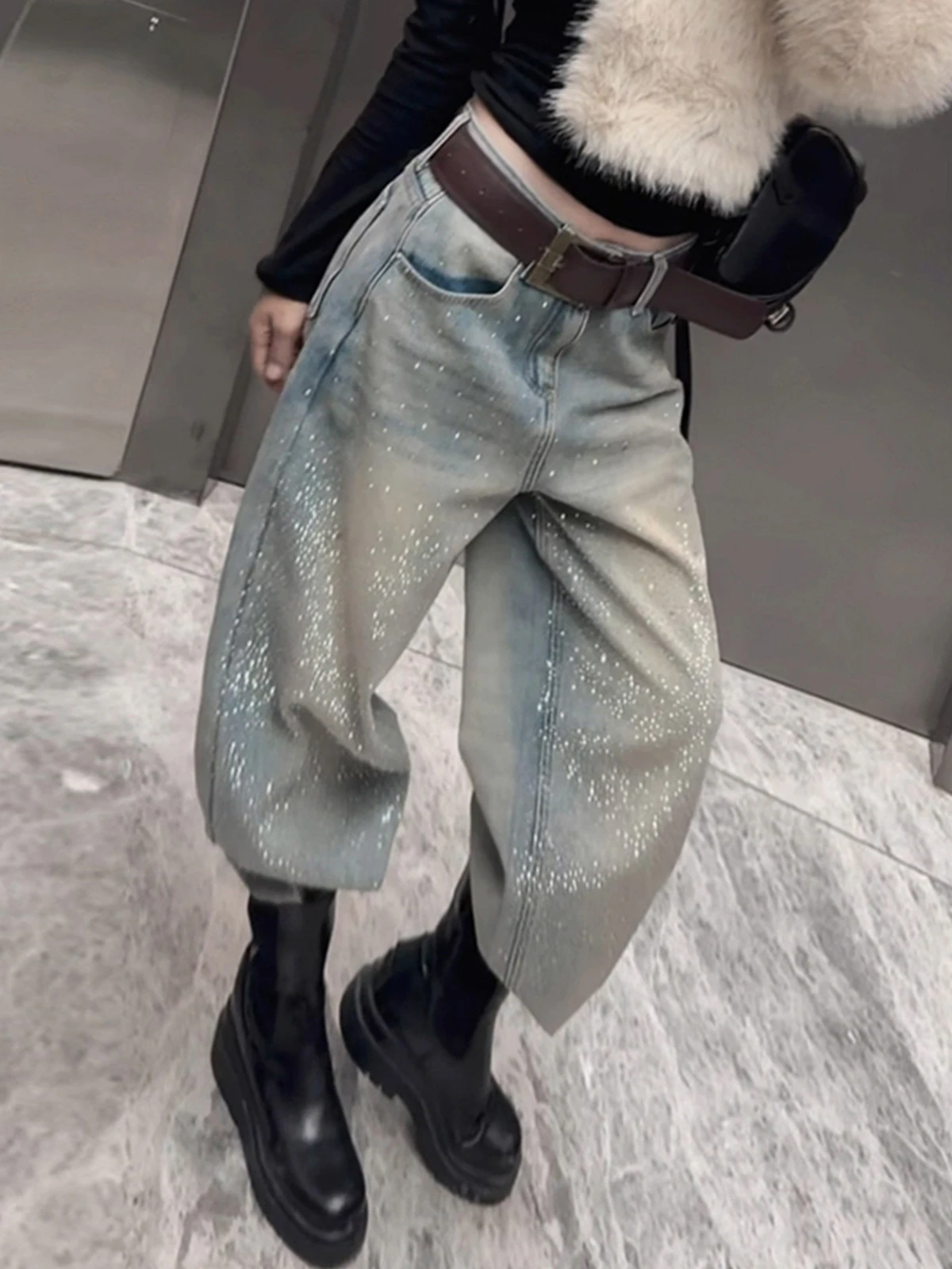 

Slimming High Waist Flared Jeans Women's Fce Lined Bootcut Denim Pants Winter Straight Leg Floor Length Diamond Embellied