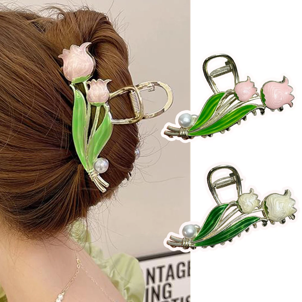 11cm Fashion Lily of The Valley Flower Tulip Metal Pearl Hairclip Girl sweet temperament Hair Claw Shark Clip Hair accessories