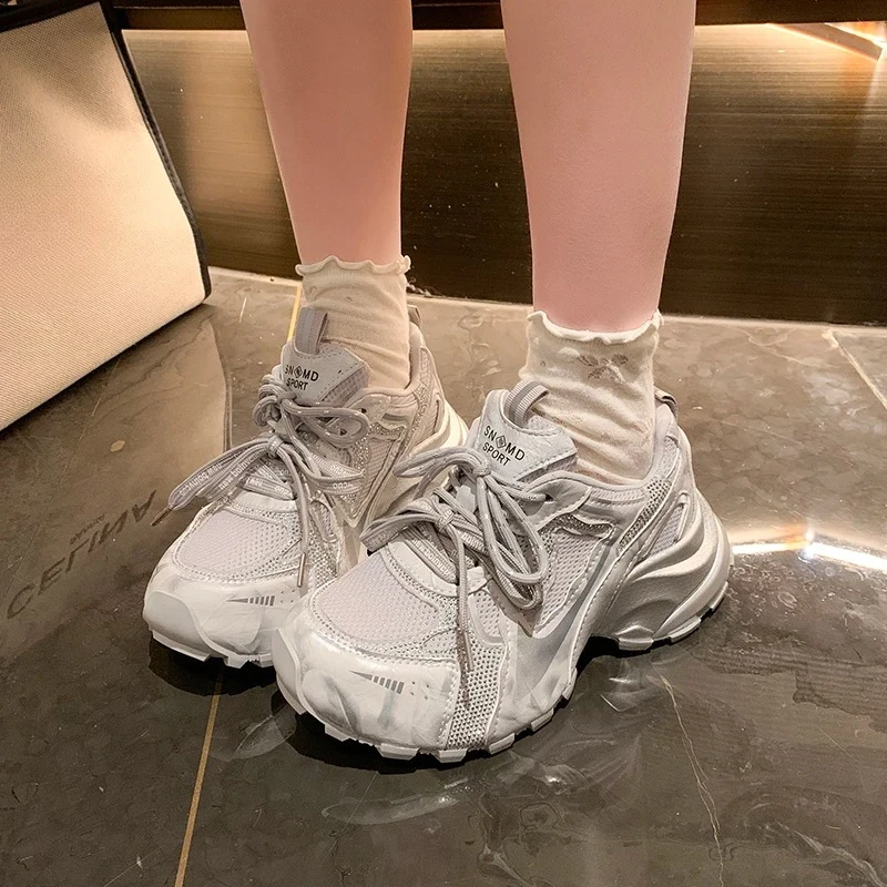 7cm Bling Chunky Sneakers Women Casual Shoes Platform Wedge Sneakers Shoes Walking Comfortable Breathable Mesh Genuine Leather