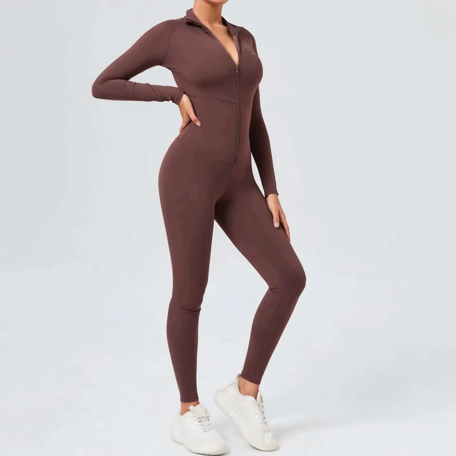 

Комбинезоны на молнии для спортзала, комбинезон высокой интенсивности для фитнеса, цельная обтягивающая одежда, костюм для йоги, женская спортивная одежда с длинными рукавами