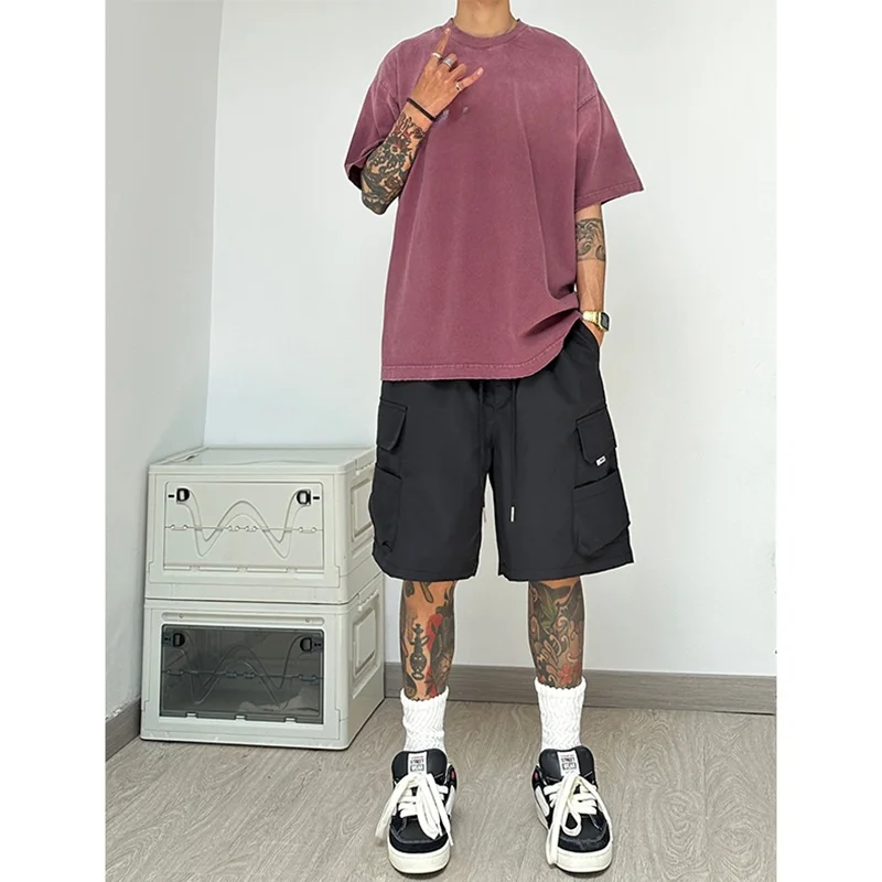 

Мужские летние брюки в американском уличном стиле, черные, рабочие, модные, с высокой талией, прямые, длиной до колена, большие размеры