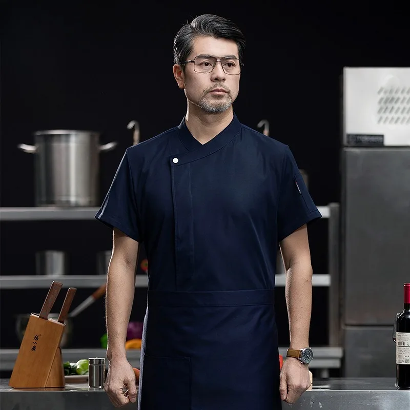 Chef Uniform Short Sleeve Summer Workwear Solid Color Slant Collar Unisex For Kitchen Staff