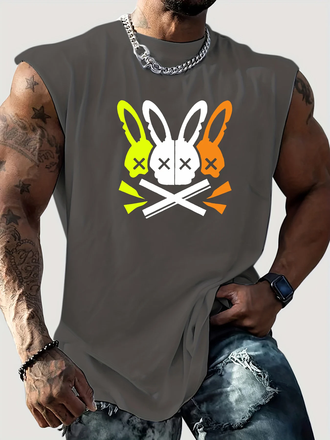 

Men's summer casual sports loose fit skull rabbit pattern print comfortable and breathable round neck sleeveless vest