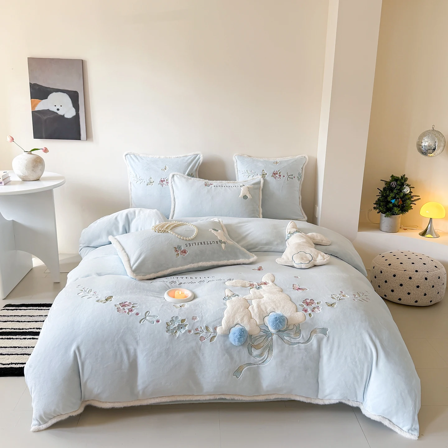 Cute furry Rabbit Bedding Set Blue Milk Fleece, 3/4pcs Duvet Cover for Little Girl Kids' Bedroom Home Decor Bunny mbroider