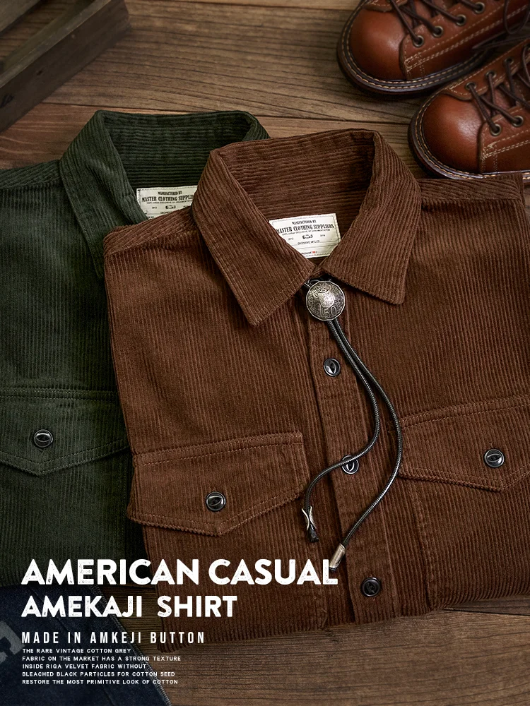 

American Sle Vintage Corduroy Long Sve irt Men's Autumn Heavy Workwear Stripe Velvet Faion Urban Youth Cotton Blend