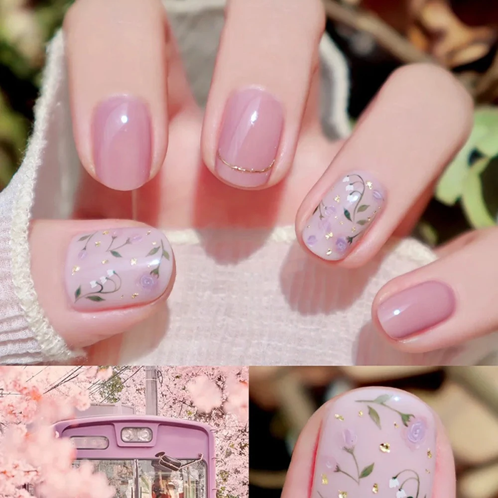 أظافر صناعية متوسطة الحجم للنساء والفتيات، زهور الربيع والصيف، أزرق أرجواني وأبيض، أطراف أظافر لامعة أو لامعة، اضغط على الأظافر الصناعية #6