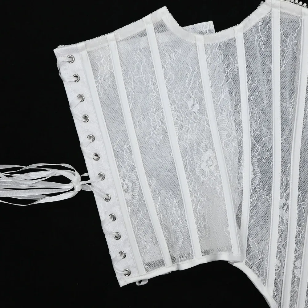 Women Overbust Corset Tops Transparent Mesh Bodices Lace Up Boned Waist Trainer Shaping Strapless Sexy Bustier view 6