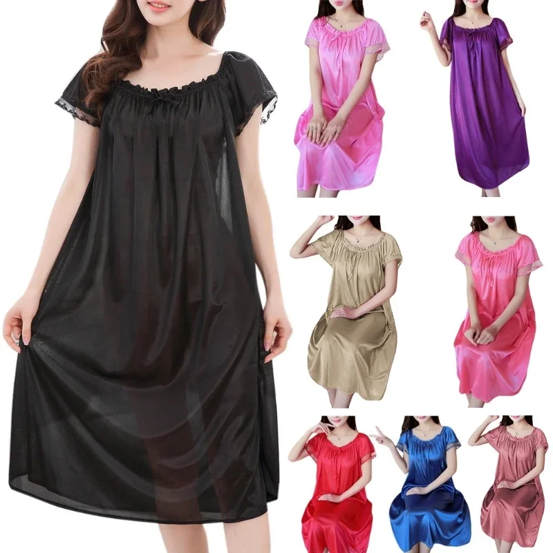 Womens Summer Lace Ice Silk Nightdress Short Sleeve Loose Nightgown XL