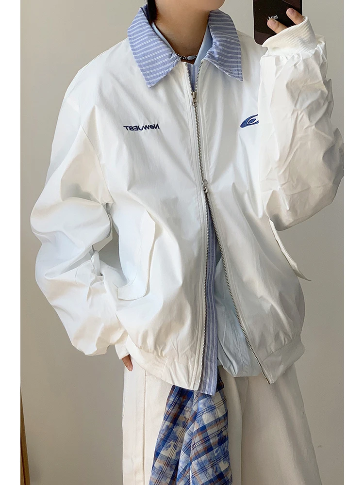 

Американский ретро лоскутный свободный повседневный бейсбольный джинт для мужчин и женщин весна осень сезонный летный пальто с воротником дизайн