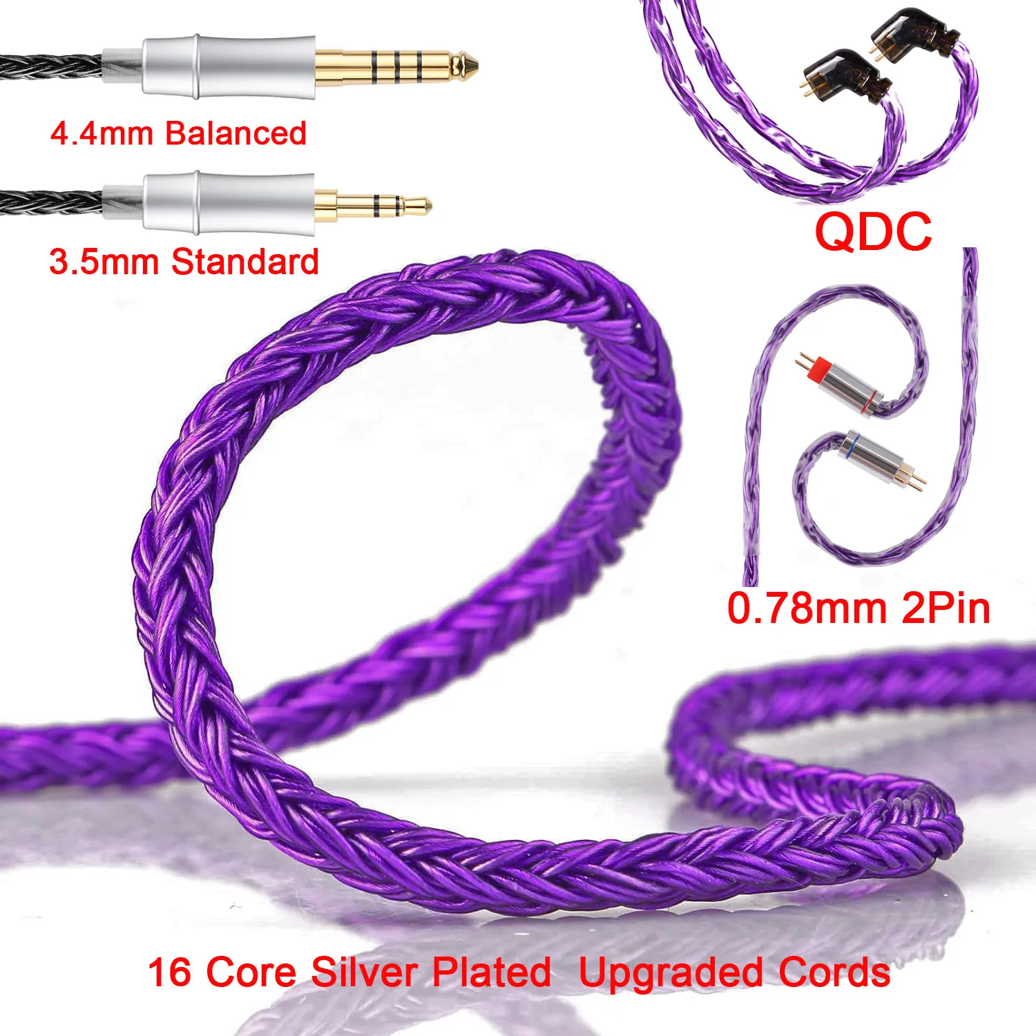 IEM-Kopfhörerkabel, 16-adrig, versilbert, verbessertes Kabel mit 3,5 mm/4,4 mm Stecker, 0,78 2PIN/QDC, HiFi-Ersatz-Headset-Kabel