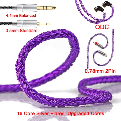 IEM Earphone Cable 16 Core Silver Plated Upgraded Cable With 3.5mm/4.4mm Plug 0.78 2PIN / QDC HIFI Replacement Headset Cord